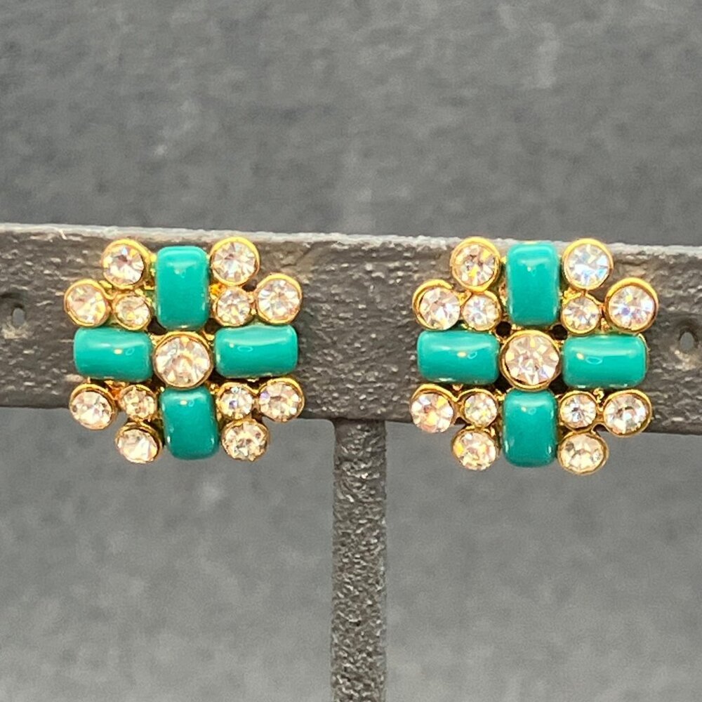 C Wonder Stud Earrings 0.75 In Turquoise Crystal Gold Bling Glam Retro Elegant